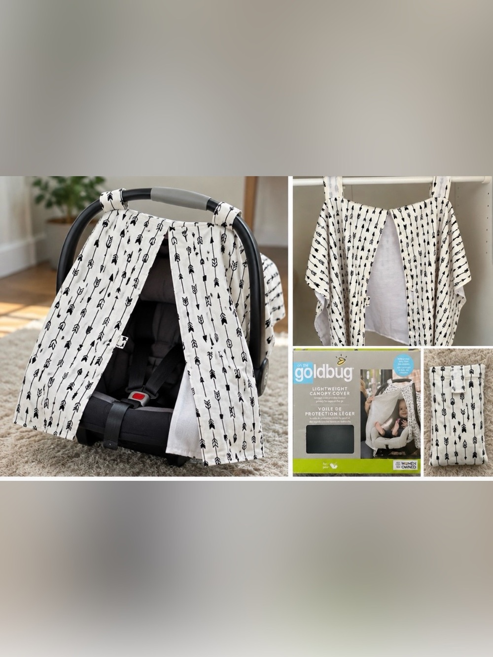 Goldbug Lightweight Car Seat Canopy | Black & White Arrows